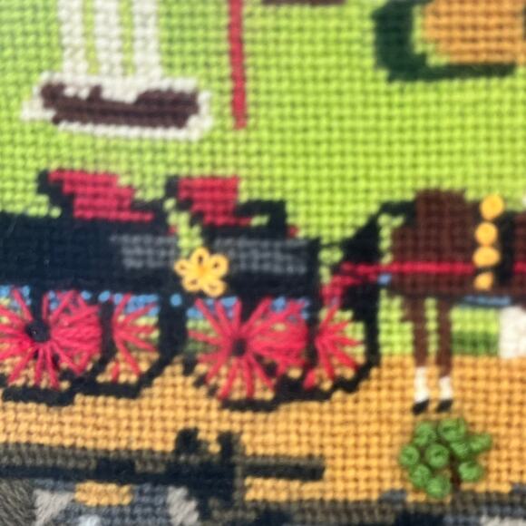 Framed 1981 Folk Art Needlepoint Horse Buggy Country Scene Signed 22.5"x19" Vtg - Picture 8 of 16
